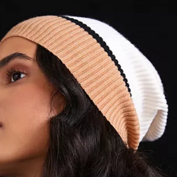 Anthropologie NWT Colorblock Stripe Knit Beanie Hat Cap Brown Motif Cream Tan main image 4